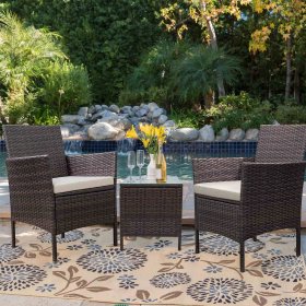Lacoo 3 Pieces Outdoor Patio Furniture PE Rattan Wicker Table and Chairs Set Bar Set with Cushioned Tempered Glass, Brown/Beige, 2