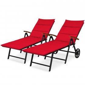Gymax 2PCS Folding Patio Rattan Lounge Chair Chaise Aluminum W/ Wheel & Red Cushion