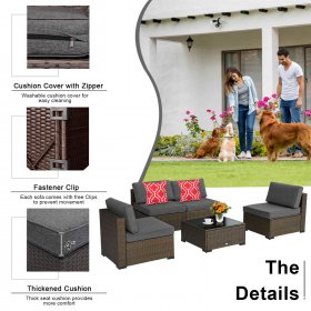 Kinbor 5pcs Outdoor Patio Furniture Set Wicker Sectional Sofa Conversation Chair Sofa Set with Cushions & Coffee Table, Gray