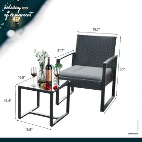 Lacoo 3 Pieces Patio Indoor Conversation Set Cushioned PE Rattan Bistro Chairs Set of 2 with Coffee Table, Black/Grey