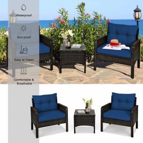 Gymax 3PCS Rattan Patio Conversation Furniture Set Yard Outdoor w/ Navy Cushions
