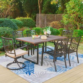 MF Studio 7-Piece Outdoor Dining Set with Swivel Chairs&Wood-Grain Painted Table for 6-Person, Black