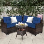 Gymax 4PCS Patio Furniture Set Outdoor Rattan Sectional Sofa Set w/ Navy Cushions