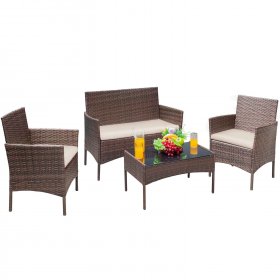 Vineego 4 Pieces Outdoor Patio Furniture Sets Conversation Sets Rattan Chair Wicker Sets with Cushioned Tempered Glass