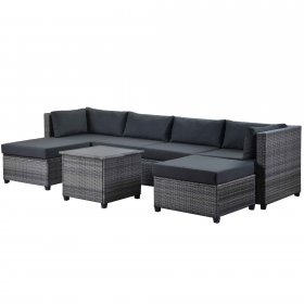 Patio Dining Sets Clearance, 7 Piece Patio Conversation Furniture Sets with 4 PE Wicker Sofas, 2 Ottoman, Coffee Table, All-Weather Patio Sectional Sofa Set with Cushions for Backyard Porch Poolside