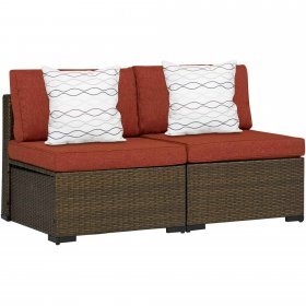 Kinbor 2pcs Outdoor Patio Rattan Wicker Furniture Sectional Sofa Set Golden Black Gradients w/ Cushion, Maple Red