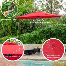 Serwall 10ft Olefin Heavy Duty Patio Hanging Offset Cantilever Patio Umbrella W/ Base, Red