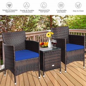 Costway Outdoor 3 PCS Rattan Wicker Furniture Sets Chairs Coffee Table Garden Navy