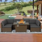 Kinbor 7Pcs Outdoor Furniture Set Wicker Sectional Sofa with Gas Fire Pit Table, Patio Conversation Sofa with Gray Cushion