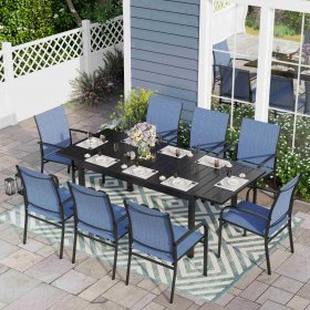Sophia & William 9 Piece Patio Metal Dining Set Expandable Patio Dining Table and 8 Blue Textilene Chairs