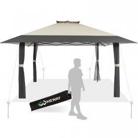 Serwall 13'x13' Double-Tiered Pop-up Bicolor Square Gazebo Canopy Tent W/ Netting, Gray