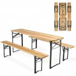 Costway 3 PCS Beer Table Bench Set Folding Wooden Top Picnic Table Patio Garden