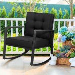 Gymax Outdoor Wicker Rocking Chair Patio Lawn Rattan Single Chair Glider w/ Black Cushion