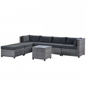 Outdoor Wicker Furniture Sets, 7 Piece Patio Sofa Set with 4 Rattan Wicker Chairs, 2 Ottoman, Coffee Table, All-Weather Outdoor Conversation Set with Gray Cushions for Backyard Garden Pool, L5010