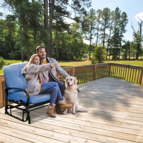 Costway Glider Outdoor Patio Rocking Bench Loveseat Cushioned Seat Steel Frame Blue