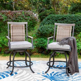 Sophia & William 2 Piece Outdoor Swivel Bar Stools with Rattan Backrest and Wood-like Armrest