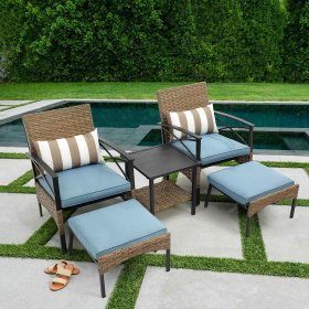 Outdoor Wicker Furniture Sets, 5 Piece Patio Furniture Lounge Chair Set with 2 Cushioned Chairs, 2 Ottoman, Glass Table, PE Rattan Outdoor Wicker Bistro Conversation Set for Backyard, Porch, Garden