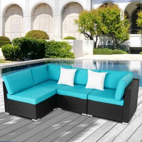 Kinbor 4pcs Outdoor Patio Furniture Pe Rattan Wicker Rattan Sofa Sectional Set for 4 with Blue Cushions