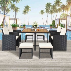 9 Piece Indoor Outdoor Wicker Dining Set Furniture, Patio Rattan Furniture Set with Wood Tabletop and Stackable Armrest Chairs, All-Weather Sectional Conversation Set with Cushions