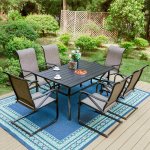 MF Studio 7-Piece Outdoor Patio Dining Set Modern Steel Furniture with C-Spring Rocking Chairs& Large Rectangular Table, 6 Cooler Seats for Dinner& Party, Gray