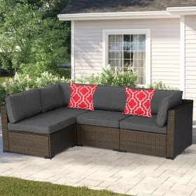 Kinbor 4pcs Outdoor Patio Furniture Set Wicker Sectional Sofa Conversation Chair Sofa Set with Cushions, Gray