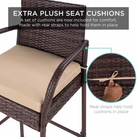 Best Choice Products Set of 2 Outdoor Wicker Bar Stools Chair w/ Cushion, Armrests for Patio, Pool, Deck Brown