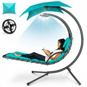 Best Choice Products Hanging LED-Lit Curved Chaise Lounge Chair for Backyard, Patio w/ Pillow, Canopy, Stand Teal