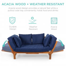 Best Choice Products Outdoor Convertible Acacia Wood Futon Sofa w/ Pullout Tray, 4 Pillows, All-Weather Cushion Navy