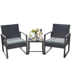 Lacoo 3 Pieces Patio Indoor Conversation Set Cushioned PE Rattan Bistro Chairs Set of 2 with Coffee Table, Black/Grey