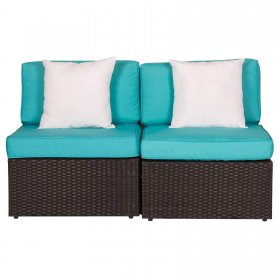 Kinbor 2pcs Outdoor Patio Rattan Wicker Furniture Sectional Sofa Set w/ Blue Cushions