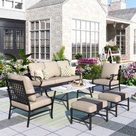 MF Studio 7-Seat Patio Conversation Set Outdoor Furniture Sofa Set for 7 Person with Beige Cushions