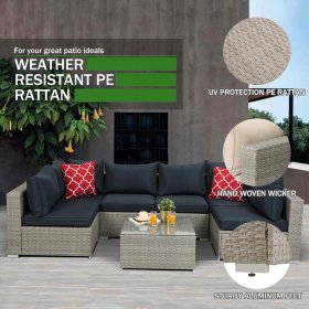 SEGMART Wicker Patio Furniture Sets, New 7PCS Outdoor Rattan Patio Sectional Sofa w/Removable Cushions, Glass Coffee Table, 2 Pillows, Conversation Sets for Porch Backyard Garden, Black & Blue, S7884