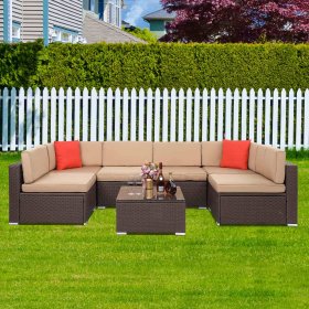 Outdoor Patio Furniture Sets Clearance, SEGMART New 7 Pieces Wicker Patio Furniture Set with Seat Cushions & Tempered Glass Coffee, Conversation Sets with 2 Pillows for Porch, Backyard, S7163