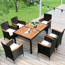 SEGMART Wicker Patio Dining Set, 7PCS Outdoor Rattan Table & Chairs Set with Acacia Wood Top & Cushions, Deck Furniture Dining Table Set, Garden Porch Backyard Sectional Conversation Set, B906