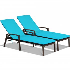Gymax 2PCS Adjustable Patio Rattan Chaise Recliner Lounge Chair w/ Turquoise Cushion
