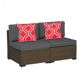Kinbor 2pcs Outdoor Patio Rattan Wicker Furniture Sectional Sofa Set Golden Black W/ Grey Cushions