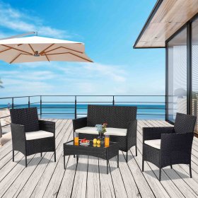 4 Piece Outdoor Furniture Wicker Patio Garden Dining Sets, Patio Furniture Rattan Furniture Sets Clearance with Seat Cushions & Tempered Glass Coffee Table, for Porch Poolside Backyard Garden, S1814