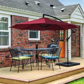 Serwall 10ft Olefin Heavy Duty Patio Hanging Offset Cantilever Patio Umbrella W/ Base, Red