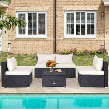 Gymax 5PCS Patio Outdoor Rattan Sofa Conversation Set w/ Seat & Back Cushions Off White
