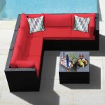 Gymax 6PCS Rattan Patio Sectional Sofa Conversation Set Outdoor w/ Red Cushions