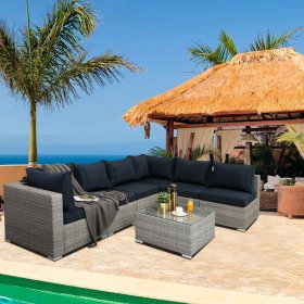 SEGMART Wicker Patio Furniture Sets, New 7PCS Outdoor Rattan Patio Sectional Sofa w/Removable Cushions, Glass Coffee Table, 2 Pillows, Conversation Sets for Porch Backyard Garden, Black & Blue, S7884