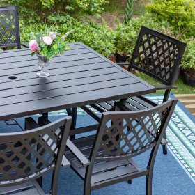 MF Studio 7-Piece Outdoor Patio Dining Set Modern Steel Furniture with 6 Slatted Armchairs and 1 Rectangular Table, Black