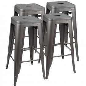 Lacoo Indoor-Outdoor 30" Modern Tolix Style Metal Backless Light Weight Bar Stools with Square Seat, Gun