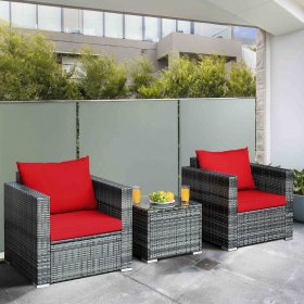 Gymax 3PCS Rattan Patio Conversation Furniture Set Outdoor Yard w/ Red Cushion