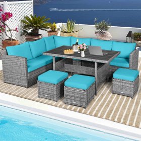 Gymax 7PCS Rattan Patio Sectional Sofa Set Conversation Set w/ Turquoise Cushions