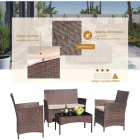 Lacoo 4 Pieces Outdoor Patio Furniture Black PE Rattan Wicker Table and Chairs Set Bars with Cushioned Tempered Glass, Beige Cushion