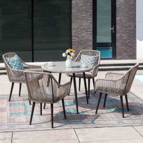Outdoor Dining Set, 5-Piece All Weather Wicker Patio Dining Table Set, Rattan Patio Furniture Table and Chairs Set for 4 People, with Umbrella Hole for Lawn, Backyard, Garden