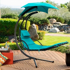 Lacoo Outdoor Hanging Curved Chaise Lounge Chair Patio Swinging Hammock w/Pillow, Canopy & Stand for Backyard, Blue, Metal