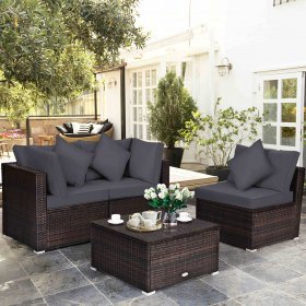 Gymax 4PCS Rattan Patio Conversation Furniture Set Yard Outdoor w/ Grey Cushion