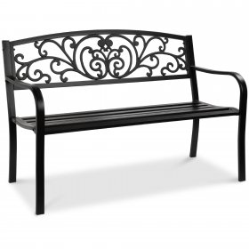 Best Choice Products Outdoor Steel Bench Garden Patio Porch Furniture w/ Floral Design Backrest, Slatted Seat Black